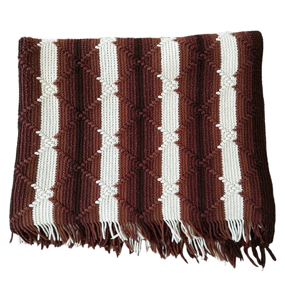 Knit blanket with fringe shades of brown, black and cream 72"x46"